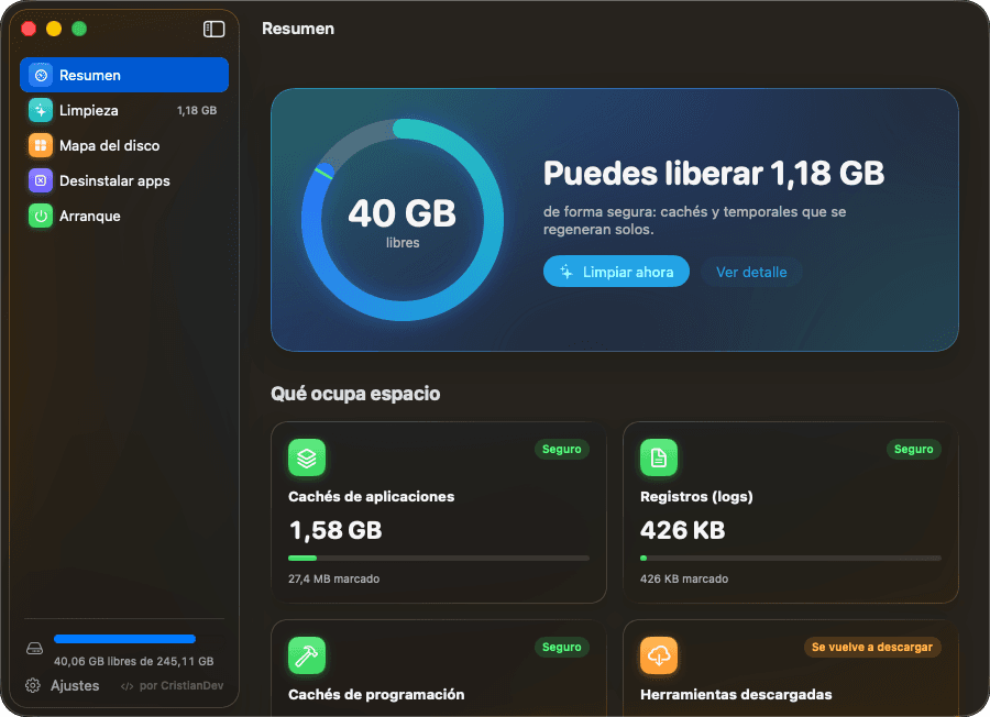 Barrido mostrando el espacio libre del disco y lo que ocupa espacio por categoría